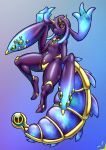  absurd_res anthro blue_body blue_skin cteno dewstar_(artist) female flat_chested flippers gold_(metal) green_eyes hi_res horn monster_girl_(genre) multi_eye multi_limb pseudo_hair purple_body solo tentacle_hair tentacles thick_tail wide_hips 