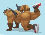  absurd_res anthro big_butt blue_background brown_body brown_fur butt clothing collar darkmask demon footwear footwear_only fur hi_res horn male mammal mostly_nude muscular muscular_anthro muscular_male procyonid raccoon shoes shoes_only simple_background solo tylerstark wings 