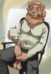  absurd_res anthro balls beverage big_balls big_penis blue_eyes bodily_fluids chair clothed clothing coffee coffee_mug cum digital_media_(artwork) ejaculation erokaiga felid furniture genital_fluids genitals hi_res holding_object holding_penis lion male mammal masturbation musclegut muscular nipple_outline nipples office_chair pantherine partially_clothed pecs penis presenting presenting_penis simple_background sitting sitting_on_chair smile smiling_at_viewer smirk smug solo vein veiny_penis 