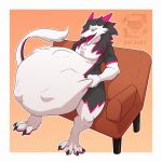  1:1 absurd_res anthro belly big_belly chest_tuft digital_media_(artwork) fur furniture hi_res holding_belly male mammal nude open_mouth pink_tongue rica431 satisfied sergal simple_background sitting sofa solo sprinx thick_thighs tongue tongue_out tuft vore 