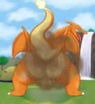  absurd_res anthro anus balls bedroom_eyes big_butt blue_eyes butt camp charizard cloud day detailed_background fart fart_cloud farting_at_viewer fire genitals grass hi_res kiffy_(artist) looking_at_viewer looking_back looking_pleasured male mountain musk musk_clouds narrowed_eyes nintendo orange_body outside plant pok&eacute;mon pok&eacute;mon_(species) pok&eacute;mon_camp presenting presenting_anus rock seductive shrub solo spread_anus spread_butt spreading thick_thighs tongue tongue_out tree video_games water waterfall wings yellow_body 