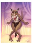  absurd_res anthro biped bodily_fluids border bottomwear bow brown_body bryce_daeless bulge claws clothing countershading cum cum_on_face genital_fluids green_eyes hi_res horn kobold ladychimaera loincloth male open_mouth tan_body white_border 