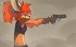  2021 anthro blue_eyes breasts canid canine clothed clothing digital_media_(artwork) eyebrows eyelashes female fox fur gun hair hi_res holding_gun holding_object holding_weapon hyilpi mammal orange_body orange_fur orange_hair ranged_weapon solo weapon 