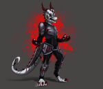  angry anthro armor digital_media_(artwork) digital_painting_(artwork) dragon full-length_portrait growling hi_res horn male metal olexafox portrait red_eyes reptile scalie simple_background solo steel teeth white_body wingless_dragon 