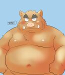  2021 anthro belly blue_background blush kemono male mammal moobs navel nipples overweight overweight_male simple_background solo suid suina sus_(pig) toshi_(artist) wild_boar 