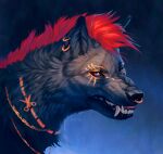 ambiguous_gender black_lips black_nose canid canine canis ear_piercing ear_ring facial_piercing feral fur grey_body grey_fur hair lips looking_at_viewer mammal mohawk nose_piercing nose_ring piercing red_eyes red_hair sharp_teeth solo susante tattoo teeth wolf 