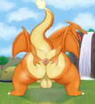  absurd_res anthro anus balls bedroom_eyes big_butt blue_eyes butt camp charizard cloud day detailed_background fire genitals grass hi_res kiffy_(artist) looking_at_viewer looking_back looking_pleasured male mountain musk musk_clouds narrowed_eyes nintendo orange_body outside plant pok&eacute;mon pok&eacute;mon_(species) pok&eacute;mon_camp presenting presenting_anus rock seductive shrub solo spread_anus spread_butt spreading thick_thighs tongue tongue_out tree video_games water waterfall wings yellow_body 