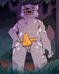  4:5 absurd_res anthro armpit_hair body_hair canid canine canis clothing forest hi_res jockstrap male mammal outside plant saberpaws solo tree underwear wolf 