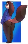  alpha_channel anthro blue_background blue_eyes bottomless brown_body brown_fur brown_hair butt clothed clothing domestic_ferret female fluffy fluffy_tail fur hair half_naked hi_res kori_(potoobrigham) looking_back mammal mustela mustelid musteline pink_nose potoobrigham rear_view simple_background smile sweater topwear true_musteline whiskers 