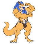  absurd_res anthro armpit_hair asian_mythology beard blue_hair body_hair bulge chest_hair clothed clothing darknaigart dragon east_asian_mythology eastern_dragon facial_hair hair hi_res jockstrap long_hair male muscular muscular_anthro muscular_male mythology pecs solo topless underwear yellow_body 