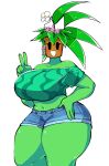  2020 5_fingers big_breasts blaster_master bottomwear breasts clothed clothing crop_top curvy_figure cutoffs denim denim_clothing elemental_creature elemental_humanoid female fingers flora_fauna for_a_head gerard_burn gesture green_body hi_res huge_breasts huge_thighs humanoid kanna_(blaster_master) navel not_furry object_head off_shoulder plant plant_humanoid shirt shorts simple_background solo thick_thighs topwear v_sign video_games voluptuous white_background 