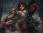  anthro big_breasts breasts clothed clothing digital_media_(artwork) felid feline female group hair hi_res juliathedragoncat male mammal mostly_nude nude open_mouth red_hair skimpy smile teeth tongue 
