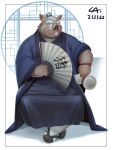  2021 absurd_res anthro asian_clothing brown_body cai1448331577 clothing east_asian_clothing hair hi_res kemono male mammal overweight overweight_male sitting solo suid suina sus_(pig) white_hair wild_boar 