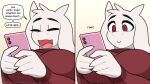  anthro big_breasts boss_monster bovid breasts caprine clothed clothing dialogue english_text eyes_closed female fur happy hi_res holding_object horn looking_down mammal open_mouth phone red_eyes simple_background smile solo speech_bubble sweater text topwear toriel undertale undertale_(series) video_games white_body white_fur youwannaslap 