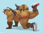 absurd_res anthro big_butt blue_background brown_body brown_fur butt clothed clothing collar darkmask demon footwear fur hi_res horn jockstrap male mammal muscular muscular_anthro muscular_male procyonid raccoon shoes simple_background solo topless tylerstark underwear wings 