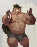  2021 4:5 5_fingers abs anthro biceps big_bulge big_muscles biped body_hair bottomwear brown_body brown_hair bulge camo camo_print clothed clothing digital_media_(artwork) fingers furgonomics gym_bag gym_bottomwear gym_clothing gym_shorts hair happy_trail hat headgear headwear hi_res locker_room looking_at_viewer male mammal musclegut muscular muscular_anthro muscular_male muscular_thighs navel orange_eyes pecs pinup pose quads shorts smile solo standing suid suina sus_(pig) teeth thick_thighs tight_clothing topless tusks vorusuarts wild_boar 