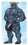  abs anthro big_pecs blue_body blue_fur bottomwear bovid bovine bulge cape_buffalo chief_bogo clothed clothing disney fur genital_outline hands_on_hips hi_res horn hunnipanda male mammal muscular muscular_anthro muscular_male navel nipples pecs penis_outline solo standing topless zootopia 