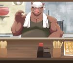  2021 anthro brown_body clothing detailed_background hi_res humanoid_hands inside kemono kuroamekemo male mammal musclegut overweight overweight_male shirt solo suid suina sus_(pig) topwear towel towel_around_neck wild_boar 