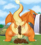  absurd_res anthro anus balls bedroom_eyes big_butt blue_eyes butt camp charizard cloud day detailed_background feces fire genitals grass hi_res kiffy_(artist) looking_at_viewer looking_back looking_pleasured male mountain musk musk_clouds narrowed_eyes nintendo orange_body outside plant pok&eacute;mon pok&eacute;mon_(species) pok&eacute;mon_camp pooping presenting presenting_anus rock scat seductive shrub solo spread_anus spread_butt spreading steam thick_thighs tongue tongue_out tree video_games water waterfall wings yellow_body 
