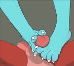  4_toes ambiguous_gender balls barefoot biskydraws blue_body blue_scales claws dragon duo feet foot_fetish foot_focus foot_play footjob friendship_is_magic genitals grey_background humanoid_genitalia humanoid_penis male my_little_pony penis princess_ember_(mlp) red_body red_scales scales scalie sex signature simple_background toes 