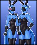  5:6 absurd_res anthro avian beak bia_(rio) bird black_border blue_body blue_feathers blue_macaw blue_sky_studios border breasts bunny_costume carla_(rio) clothed clothing costume digital_media_(artwork) duo fake_ears fake_rabbit_ears feathers female female/female fur hi_res looking_at_viewer marothedarkrabbit_(artist) rio_(series) sibling simple_background sister smile young 