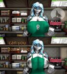  2021 3d_(artwork) anthro apron big_breasts blue_body blue_hair blue_skin bottle box breasts cafeteria clothing coffee_cup coffee_machine coffee_shop container cup dialogue digital_media_(artwork) eyewear fan_character female fish food glass glasses green_eyes grey_body grey_skin hair huge_breasts i_mean_breast_milk looking_at_viewer luciamaribela marine markings meme multicolored_body multicolored_hair multicolored_skin nika_sharkeh nintendo nipples nude pencil_(object) pupils requiem_shark shark sharp_teeth shelf signature slit_pupils smile solo star_fox starbucks striped_body striped_skin stripes teeth text tiger_shark tin_can video_games white_body white_hair white_skin 