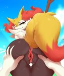  absurd_res ambiguous_gender anthro anus ashraely blush bodily_fluids braixen butt butt_grab canid canine curvy_figure digital_media_(artwork) duo female female/ambiguous fur genital_fluids genitals hand_on_butt hi_res human inner_ear_fluff looking_at_viewer looking_back mammal nintendo nude pok&eacute;mon pok&eacute;mon_(species) pussy pussy_juice simple_background smile spread_butt spread_pussy spreading thick_thighs tuft video_games voluptuous wide_hips yellow_body yellow_fur 