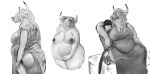  2021 absurd_res anthro arm_around_neck belly big_belly big_breasts bovid bovine breasts cattle cleavage clothed clothing digital_media_(artwork) doctordj dress duo female fur greyscale hair hair_over_eyes hand_on_own_stomach hand_on_stomach hi_res highland_cattle holding_belly horn human interspecies long_hair male male/female mammal monochrome nipples nude pregnant pregnant_female sitting sketch 