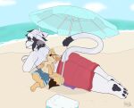  beach beach_towel beach_umbrella canid canine canis clothing cooler domestic_cat domestic_dog duo felid feline felis hi_res jintally lying macro male mammal on_back on_front outside sand sea seaside swimming_trunks swimwear towel water 