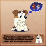  1:1 2021 anthro blue_background bluey_(series) canid canine canis crossed_arms dialogue digital_media_(artwork) domestic_dog duo educational english_text eyes_closed floppy_ears fur gradient_background hands_over_mouth hi_res hunting_dog inklingbear_(artist) jack_(bluey) jack_russell_terrier kelpie looking_down male mammal multicolored_body multicolored_fur necktie paws sad simple_background sitting stick_figure tan_background terrier text thought_bubble 