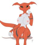  1:1 2017 3_fingers anthro anthrofied bandai_namco big_breasts black_sclera breasts claws digimon digimon_(species) female fingers genitals girokett guilmon hi_res looking_at_viewer nipples nude pussy red_body signature simple_background smile solo white_background yellow_eyes 