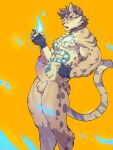  2019 3:4 5_fingers anthro black_clothing blue_fire clothing clouded_leopard colored_fire deity erection felid fingerless_gloves fingers fire genitals gloves handwear hi_res humanoid_genitalia humanoid_penis likulau male mammal muscular muscular_anthro muscular_male nekojishi pantherine penis simple_background solo studio_klondike tiggon_the_great video_games visual_novel yellow_background 