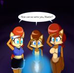  2017 anthro archie_comics black_bottomwear black_clothing black_nose black_shorts blue_clothing blue_eyes blue_shirt blue_tank_top blue_topwear blue_vest bottomless bottomwear breasts brown_body brown_fur brown_hair chipmunk clothed clothing dialogue dr._chaos featureless_breasts female fur gesture glowing glowing_eyes ground_squirrel group hair hi_res jacket mammal midriff mind_control open_clothing open_jacket open_mouth open_topwear open_vest red_hair rodent sally_acorn salute sciurid sega shirt shorts sonic_the_hedgehog_(archie) sonic_the_hedgehog_(comics) sonic_the_hedgehog_(series) speech_bubble square_crossover tank_top topwear vest 
