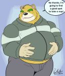  2020 animal_crossing anthro belly black_nose bottomwear bulge clothing deadanthro english_text eyes_closed humanoid_hands male mammal nate_(animal_crossing) nintendo overweight overweight_male pants simple_background solo text ursid video_games yellow_body 