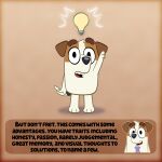  1:1 2021 anthro bluey_(series) canid canine canis dialogue digital_media_(artwork) domestic_dog educational english_text floppy_ears fur gesture happy hi_res hunting_dog idea_bulb inklingbear_(artist) jack_(bluey) jack_russell_terrier light_bulb male mammal multicolored_body multicolored_fur multiple_images necktie open_mouth paws pointing pointing_up shadow simple_background smile solo standing tan_background terrier text 