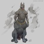  1:1 2021 animal_genitalia balls canid canine canis claws clock domestic_dog finger_claws fully_sheathed fur furgonomics furry-specific_piercing genital_piercing genitals gold_chain grey_background grey_body grey_fur hi_res laser_(artist) male mammal muscular muscular_male muscular_taur nipples paws piercing pit_bull sheath sheath_piercing simple_background sitting solo taur text toe_claws tongue tongue_out url watch wristwatch 