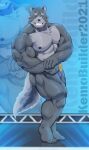  2021 5_fingers 5_toes absurd_res anthro big_muscles black_nipples black_nose blue_eyes canid canine canis clothed clothing feet fingers flexing fur grey_body grey_fur hi_res huge_muscles humanoid_feet humanoid_hands looking_at_viewer male mammal muscular muscular_anthro muscular_male nipples one_eye_closed plantigrade smile solo standing toes topless torusop underwear underwear_only wink wolf 