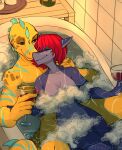  5_fingers anthro bath bathing bathtub breasts convenient_censorship dragon duo female fingers firetally fish hair hi_res marine navel non-mammal_breasts nude red_hair shark smile spines wingless_dragon 