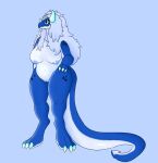  anthro big_breasts blue_body blue_eyes blue_nipples breasts claws digitigrade dragon feet female genitals hair ice_dragon lizard long_hair long_tail lovelytrashpanda nipples nude pussy reptile scales scalie slightly_chubby solo standing white_body white_skin 