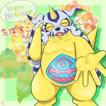  0hou2ryu 1:1 animal_skin anthro bandai_namco belly blush digimon digimon_(species) english_text gabumon hi_res horn male scalie slightly_chubby smile solo text yellow_body 