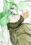  absurd_res anthro big_breasts breasts cleavage clothed clothing english_text female fur green_body green_fur hi_res murazaki sergal solo text white_body white_fur 