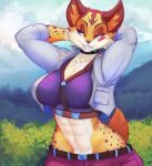  alipse anthro bandage big_breasts breasts butt cleavage clothed clothing collaboration collar colored danonymous felid feline female fur grin hi_res jacket lynx mammal midriff miyu_lynx navel nintendo seductive smile solo spikes spots star_fox topwear video_games 