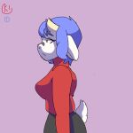 1:1 animated anthro bottomwear bouncing_breasts bovid breasts caprine clothing ears_down female flashing fluffy fluffy_tail goat horn lembruh mammal nipples pants pivoted_ears short_playtime simple_background smug solo sweater topwear yoga_pants 