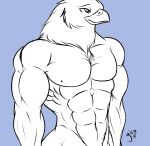  2015 abs accipitrid accipitriform aliasing anthro avian beak bird blue_background eagle front_view girokett looking_aside male muscular muscular_male nipples nude signature simple_background sketch smile solo standing 