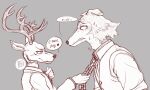  5:3 adam&#039;s_apple anthro antlers beastars bodily_fluids bonybonesss canid canine canis cervid chain chain_leash clothed clothing dialogue duo english_text hi_res horn leash leash_pull legoshi_(beastars) louis_(beastars) louis_pulling_legoshi male mammal necktie redraw signature sketch speech_bubble swallowing sweat text wolf 