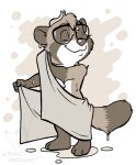  2021 anthro biped canid canine corgi_(artist) disney eyes_closed humanoid_hands leaf male mammal michael_tanuyama raccoon_dog simple_background solo tanuki towel wet zootopia 