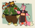  2021 animal_crossing anthro apple_(fruit) black_nose brown_body canid canine canis clothed clothing flip_(animal_crossing) freya_(animal_crossing) group haplorhine hi_res humanoid_hands ike_(animal_crossing) leifyyy male mammal monkey nintendo overweight overweight_male pink_body primate shirt size_difference text topwear ursid video_games wolf 