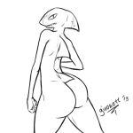  1:1 2013 anthro big_butt butt fish girokett greyscale looking_at_viewer male marine monochrome nude rear_view scar shark sharp_teeth signature simple_background sketch solo standing teeth white_background 