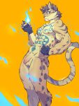  2019 3:4 5_fingers anthro black_clothing blue_fire clothing clouded_leopard colored_fire deity felid fingerless_gloves fingers fire flaccid genitals gloves handwear hi_res humanoid_genitalia humanoid_penis likulau male mammal muscular muscular_anthro muscular_male nekojishi pantherine penis simple_background solo studio_klondike tiggon_the_great video_games visual_novel yellow_background 