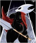  big_breasts big_butt black_body breasts butt female genitals hi_res holding_object holding_weapon hollow_knight hornet_(hollow_knight) knightmoonlight98 not_furry pussy solo team_cherry vessel_(species) video_games weapon 